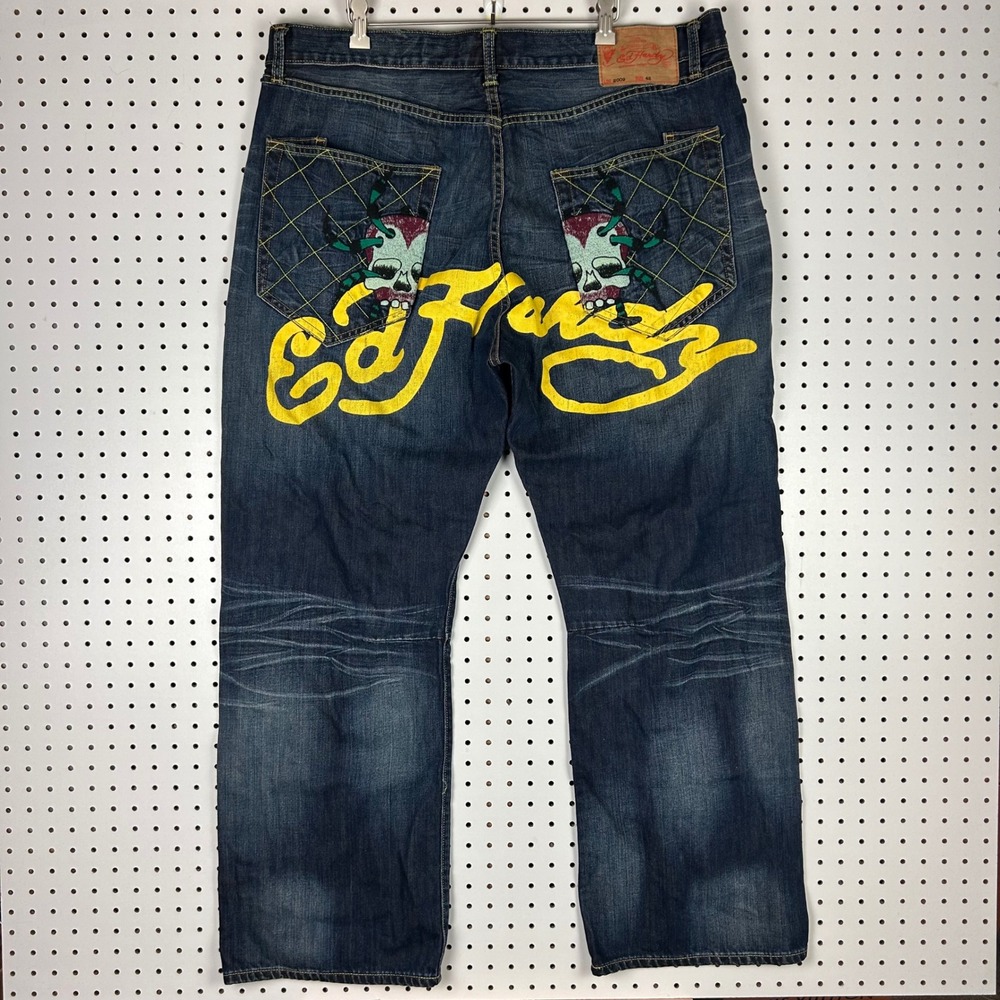 Ed‎ Hardy Skull Graphic Jeans Blue Denim 42x32 2009 Christian Audigier Stitched
